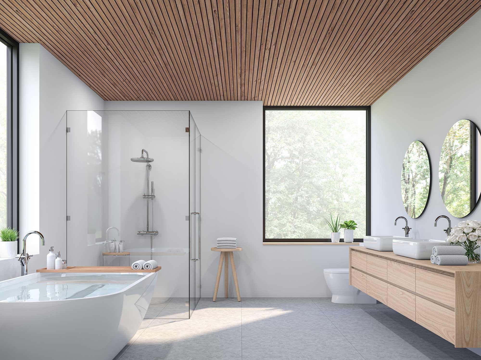 Helles modernes Badezimmer mit bodengleicher, ebenerdiger Dusche
