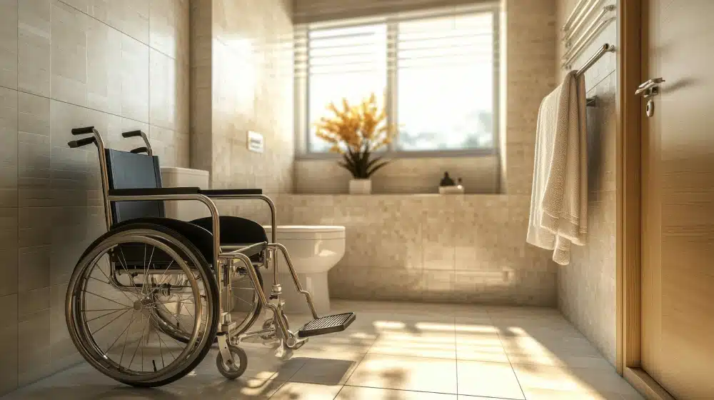 Barrierefreies Bad mit Rollstuhl, bodengleicher Dusche und breiter Tür